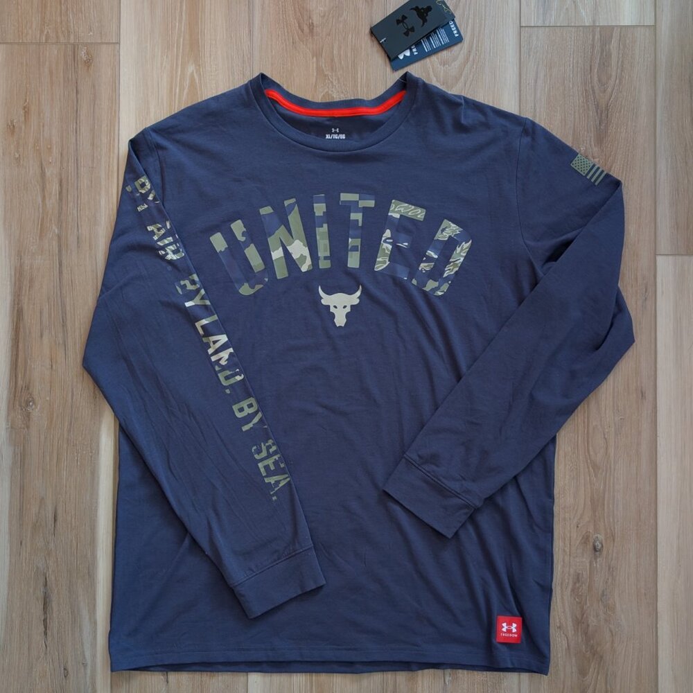 Under Armour Project Rock Long Sleeve Shirt Vet Day Men XL Tempered Steel NWT